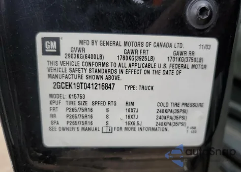 2004 Chevrolet Silverado K1500 from USA, damaged, VIN 2GCEK19T041216847